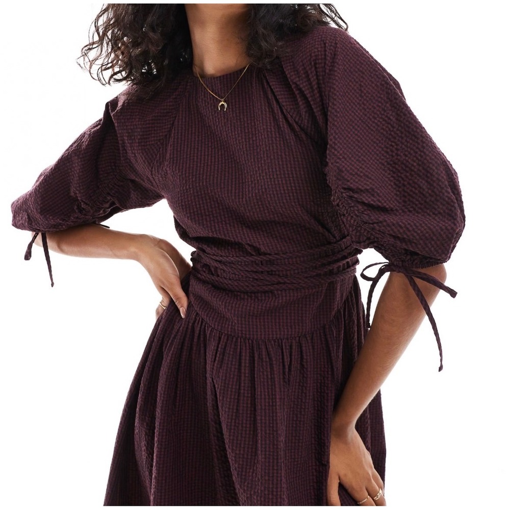 ASOS DESIGN Curve Burgundy Gingham Seersucker Puff Sleeve Midi Dress US 14
